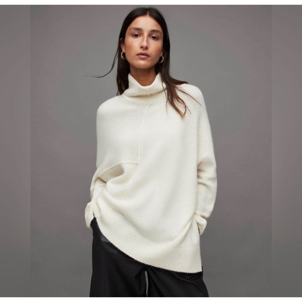 All Saints Wool Boho Preppy Mock Neck Old Money Asymmetrical Lock Sweater XS